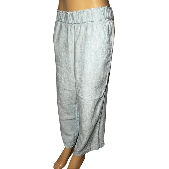 Talbots Pants Womens Large Light Blue Nantucket Pull-On Wide Leg Crop Linen - Picture 1 of 14